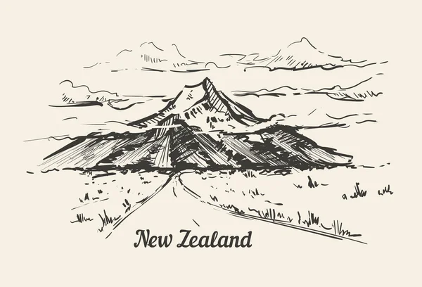 Neuseeland Gebirgstal Handgezeichnete Skizze Illustration Isoliert Auf Weißem Hintergrund — Stockvektor