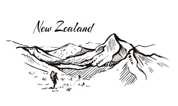 Nya Zeeland Mountain Valley Handritad Skiss Illustration Isolerad Vit Bakgrund — Stock vektor