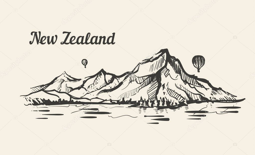 New Zealand mountain lake valley hand drawn sketch illustration.