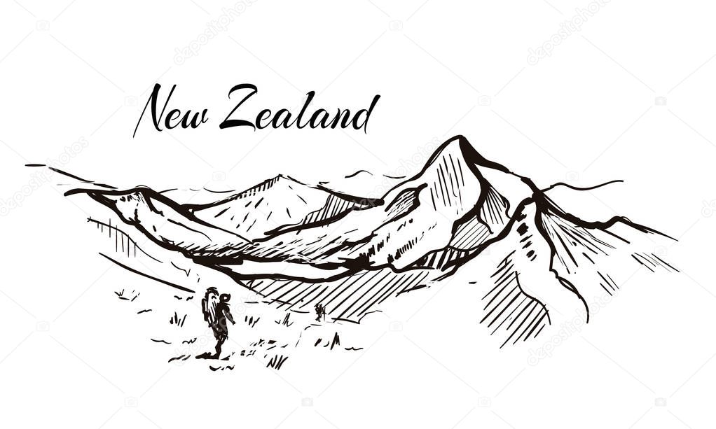 New Zealand mountain valley hand drawn sketch illustration.Isolated on white background