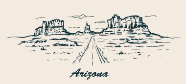 Arizona yol aracılığıyla dağlar elle çizilmiş. Arizona kroki tarzı vektör çizim.