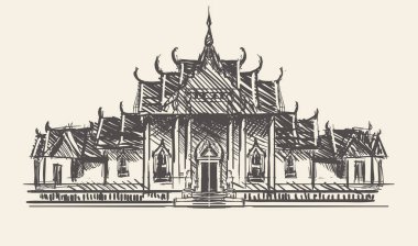 Bangkok Tayland elle çizilmiş kroki vektör çizim beyaz arka plan üzerinde tapınakta.