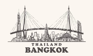 Bangkok manzarası, Tayland vintage vektör çizim, el Bangkok şehir, beyaz zemin üzerine çizilmiş tapınakları.