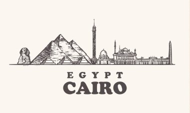 Cairo manzarası, Mısır vintage vektör çizim, El Cairo şehir, beyaz zemin üzerine çizilmiş tapınakları.
