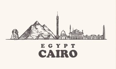 Cairo skyline, Egypt vintage vector illustration, hand drawn temples of Cairo city, on white background. clipart