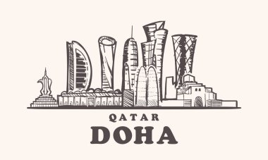 Katar, Doha manzarası elle çizilmiş kroki vektör çizim beyaz arka plan üzerinde.
