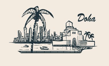 Doha manzarası, çizilmiş kroki vektör çizim. Beyaz arka plan üzerinde İslam Sanat Müzesi.