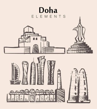 Doha binalar çizilmiş kümesi. Fas sketch vektör çizim. Hassan Ii Mosque, Marakeş.