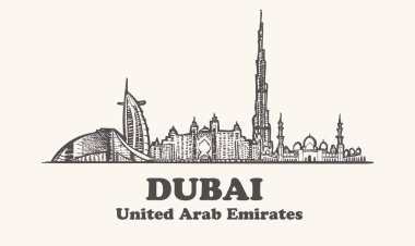 Arap Emirlikleri Dubai siluetinin elle çizilmiş. Dubai kroki tarzı vektör çizim