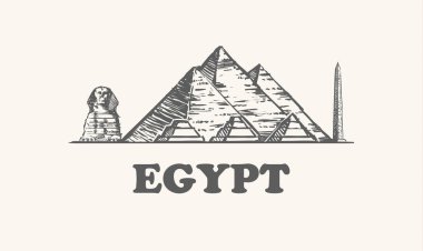Mısır manzarası, vintage vektör çizim, el çekilmiş tapınakları Mısır, beyaz arka plan üzerinde.