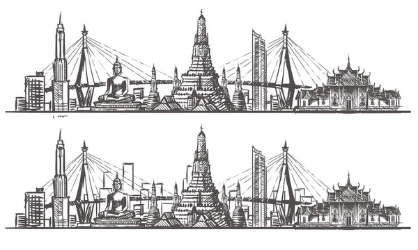 Bangkok Skyline Thailand Set Vintage Vectorillustratie Hand Getekende Stijl — Stockvector
