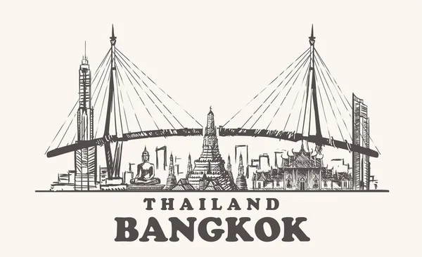 Bangkok Manzarası Tayland Vintage Vektör Çizim Bangkok Şehir Beyaz Zemin — Stok Vektör