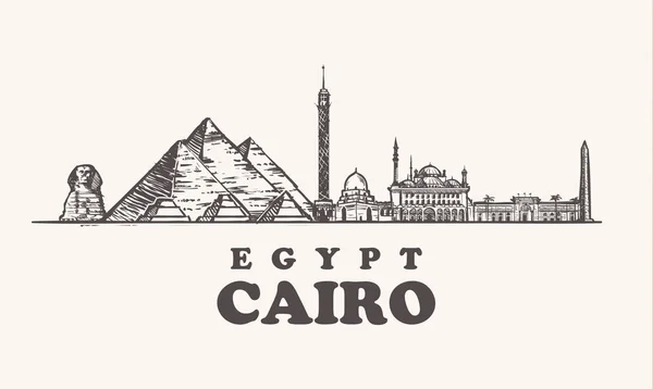 Cairo manzarası, Mısır vintage vektör çizim, El Cairo şehir, beyaz zemin üzerine çizilmiş tapınakları.