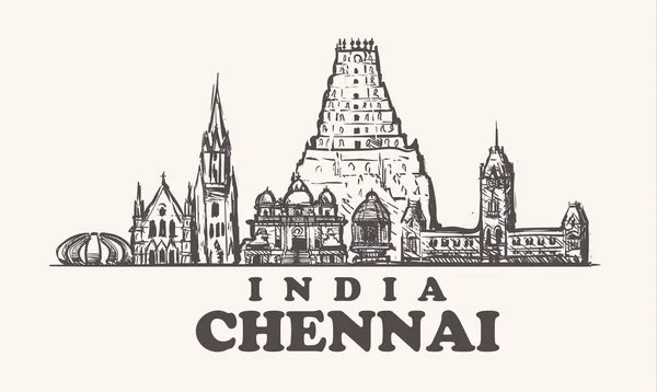 Chennai Skyline Indien Vintage Vektor Illustration Handgezeichnete Tempel Der Stadt — Stockvektor