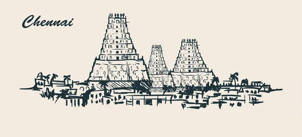 Chennai Skyline Hand Drawn Sketch Vector Illustration White Background Vintage — стоковый вектор