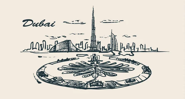 Arap Emirlikleri Dubai siluetinin elle çizilmiş. Dubai stil vektör çizim kroki. Palm Jumeirah Adası.