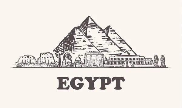 Egypten Skyline Vintage Vektorillustration Hand Dras Tempel Egypten Vit Bakgrund — Stock vektor