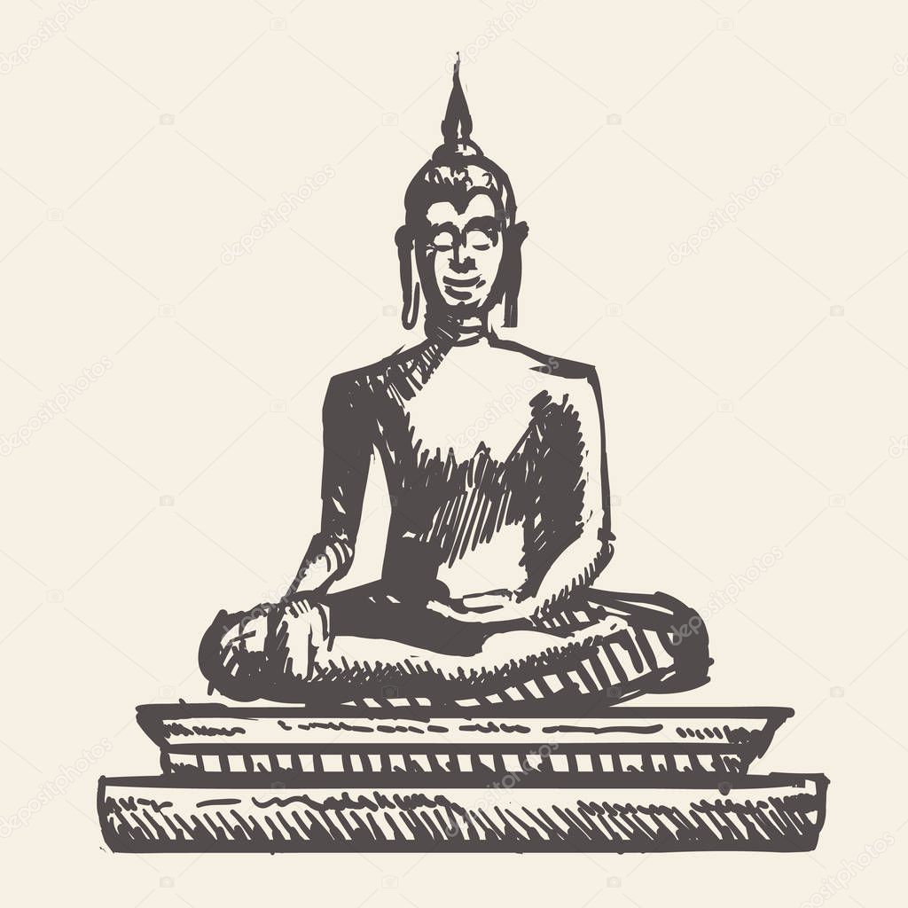 Buddha statuette hand-drawn sketch vector illustration isolated white background.