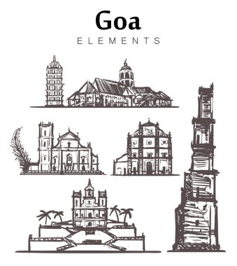 Goa binalar çizilmiş kümesi. Hindistan, Goa öğeleri vektör çizim kroki. Shanta Durga Tapınak, Cathedral Of, kilise ve manastır St Augustine ve diğer. Beyaz arka plan üzerinde izole.
