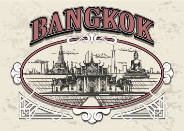 Bangkok, Tayland dekoratif bir vintage çerçevesinde, retro Bangkok şehir çizilmiş tapınakları ver. Kırmızı version.