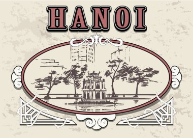 Hanoi Hoan Kiem Gölü illüstrasyon elle beyaz arka plan üzerinde çizilmiş kroki.