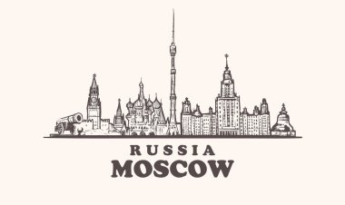 Moskova manzarası, Rusya vintage vektör çizim, elle çizilmiş öğeleri binalar Moskova şehir, beyaz arka plan.