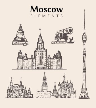 Moskova binalar çizilmiş kümesi. Moskova sketch vektör çizim. Çar-bell, Ostankino Kulesi, Kremlin.