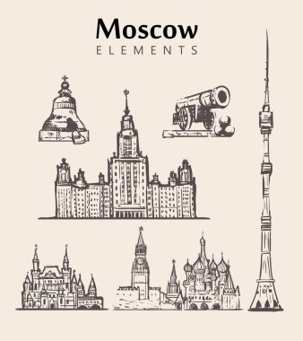 Set of hand-drawn Moscow buildings.Moscow sketch vector illustration.Tsar-bell,Ostankino tower,Kremlin. clipart