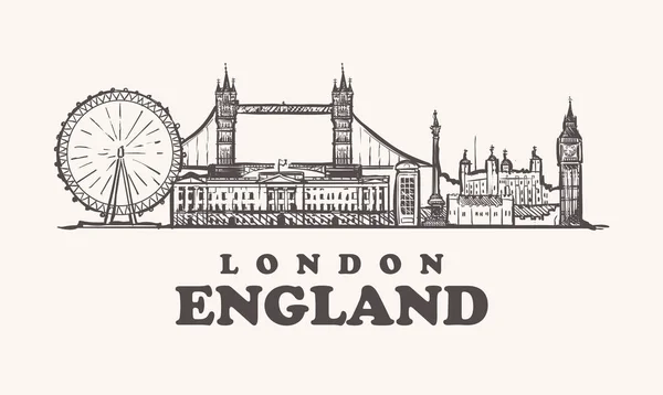 Skyline Van Londen Engeland Vintage Vectorillustratie Hand Getrokken Elementen Gebouwen — Stockvector