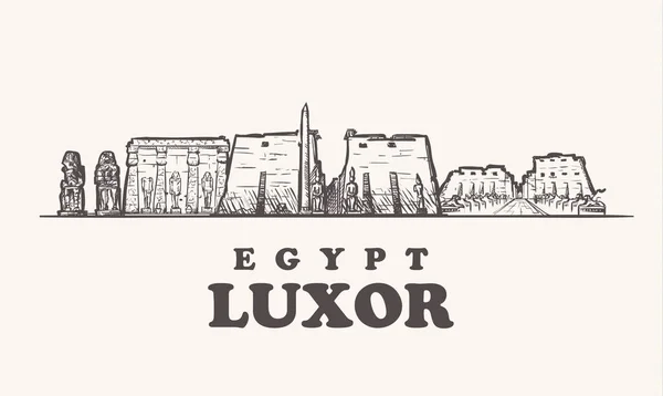 ルクソール スカイライン エジプト ビンテージ ベクトル図では 手の白い背景の上のルクソール市の描かれた寺院 — ストックベクタ