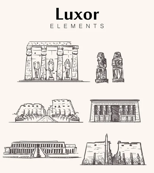 Luxor Binalar Çizilmiş Kümesi Luxor Amun Karnak Hathor Başına Colossi — Stok Vektör