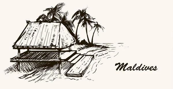 Casa Beira Mar Praia Maldivas Desenho Desenhado Mão Maldivas Ilustração — Vetor de Stock