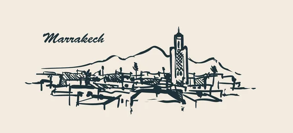 Beyaz zemin üzerine Marrakech manzarası elle çizilmiş kroki vektör çizim.