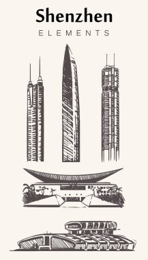 Shenzhen binalar çizilmiş kümesi. Shenzhen öğeleri vektör çizim kroki. Kule Singin, Müze, gökdelen Seg Plaza, gökdelen Kingkey 100, Kongre Sergi Merkezi.