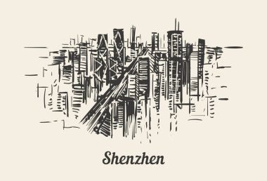 Shenzhen manzarası elle çizilmiş kroki vektör halat beyaz arka plan üzerinde.