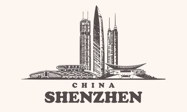 Skyline Shenzhen China Vintage Vetor Ilustração Mão Desenhada Edifícios Cidade — Vetor de Stock