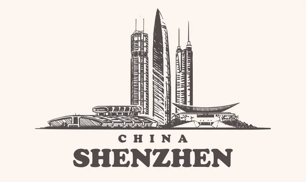 Shenzhen manzarası, Çin vintage vektör çizim, el Shenzhen City, beyaz zemin üzerine çizilmiş binalar.