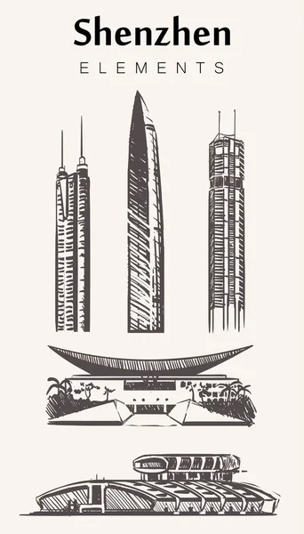 Σετ Χειροποίητης Shenzhen Κτίρια Shenzhen Στοιχεία Σκίτσο Εικονογράφηση Φορέα Πύργος — Διανυσματικό Αρχείο