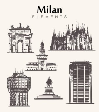 Milan buildings.Milan öğeleri sketch vektör çizim çizilmiş kümesi. Velasca Kulesi, Milano Katedrali'ne, Sforza Kalesi, Pirelli gökdelen.