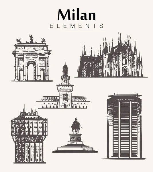 ミラノ Buildings Milan の要素のスケッチのベクター画像を手描きのセットです Velasca タワー ミラノ大聖堂 スフォルツァ城 ピレリ超高層ビル — ストックベクタ