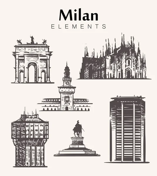 Milan buildings.Milan öğeleri sketch vektör çizim çizilmiş kümesi. Velasca Kulesi, Milano Katedrali'ne, Sforza Kalesi, Pirelli gökdelen.