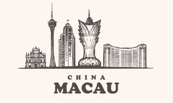 Macau manzarası, Çin vintage vektör çizim, el Macau şehir, beyaz zemin üzerine çizilmiş binalar.