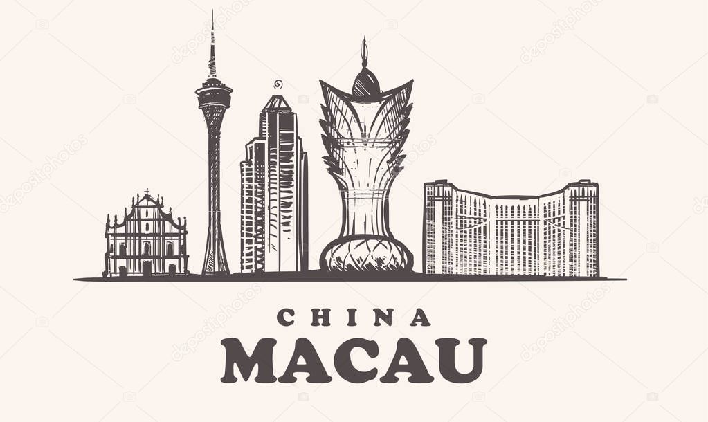 Macau skyline, China vintage vector illustration, hand drawn buildings of Macau city, on white background.