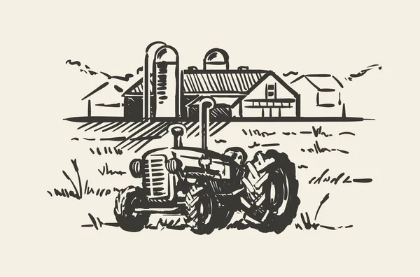 田園風景スケッチのベクトル図とトラクターです 白い背景に分離された素朴な農場風景手描きイラスト — ストックベクタ