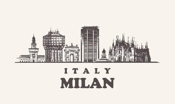 Milan manzarası, İtalya vintage vektör çizim, el Milan şehir, beyaz zemin üzerine çizilmiş binalar.