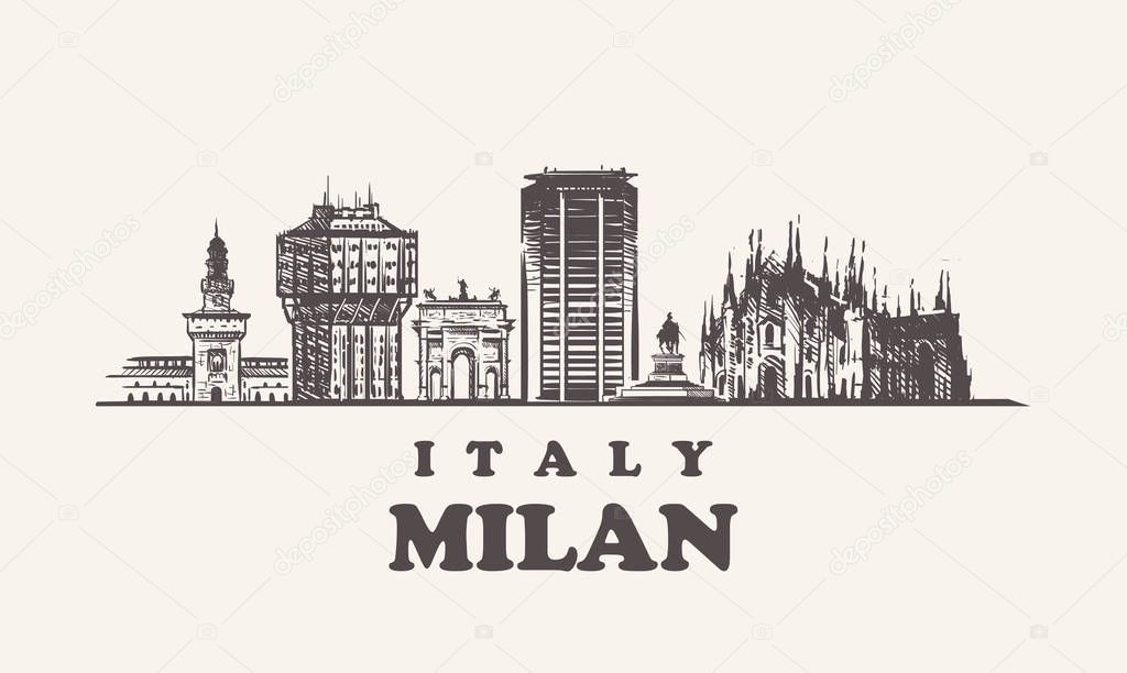 Milan skyline, Italy vintage vector illustration, hand drawn buildings of Milan city, on white background.