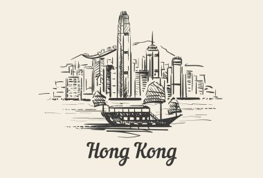 Beyaz arka plan üzerinde izole tekne elle çizilmiş kroki halat ile Hong Kong manzarası