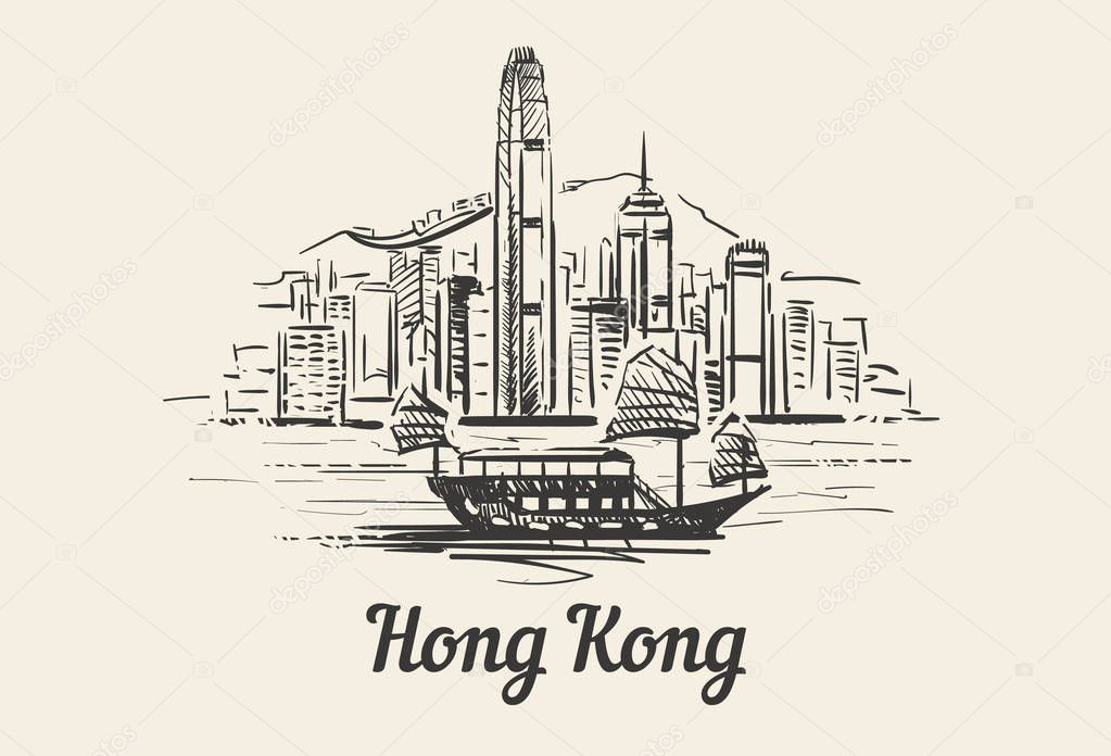 Hong Kong skyline with boat hand drawn sketch ilustration isolated on white background