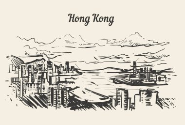 Hong Kong manzarası elle çizilmiş kroki vektör halat beyaz arka plan üzerinde izole