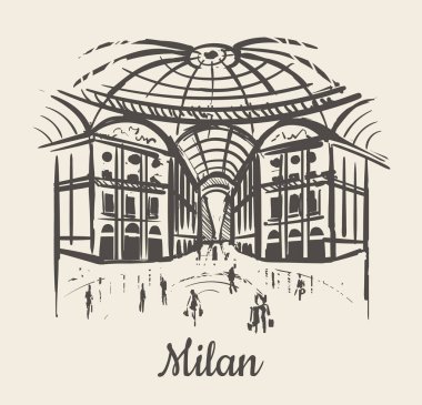 Milan, Galeri Victor Emmanuel II elle çizilmiş kroki vektör halat beyaz arka plan üzerinde.